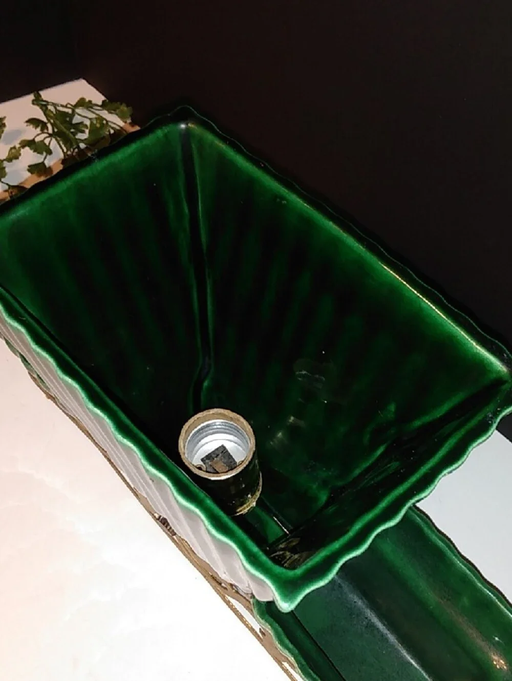 Green Glazed Ceramic Planter Trio with Gold Metal Holder